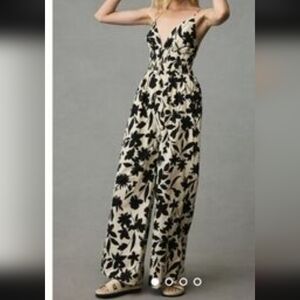 Anthropologie Black & Cream Floral V-Neck Wide-Leg Jumpsuit